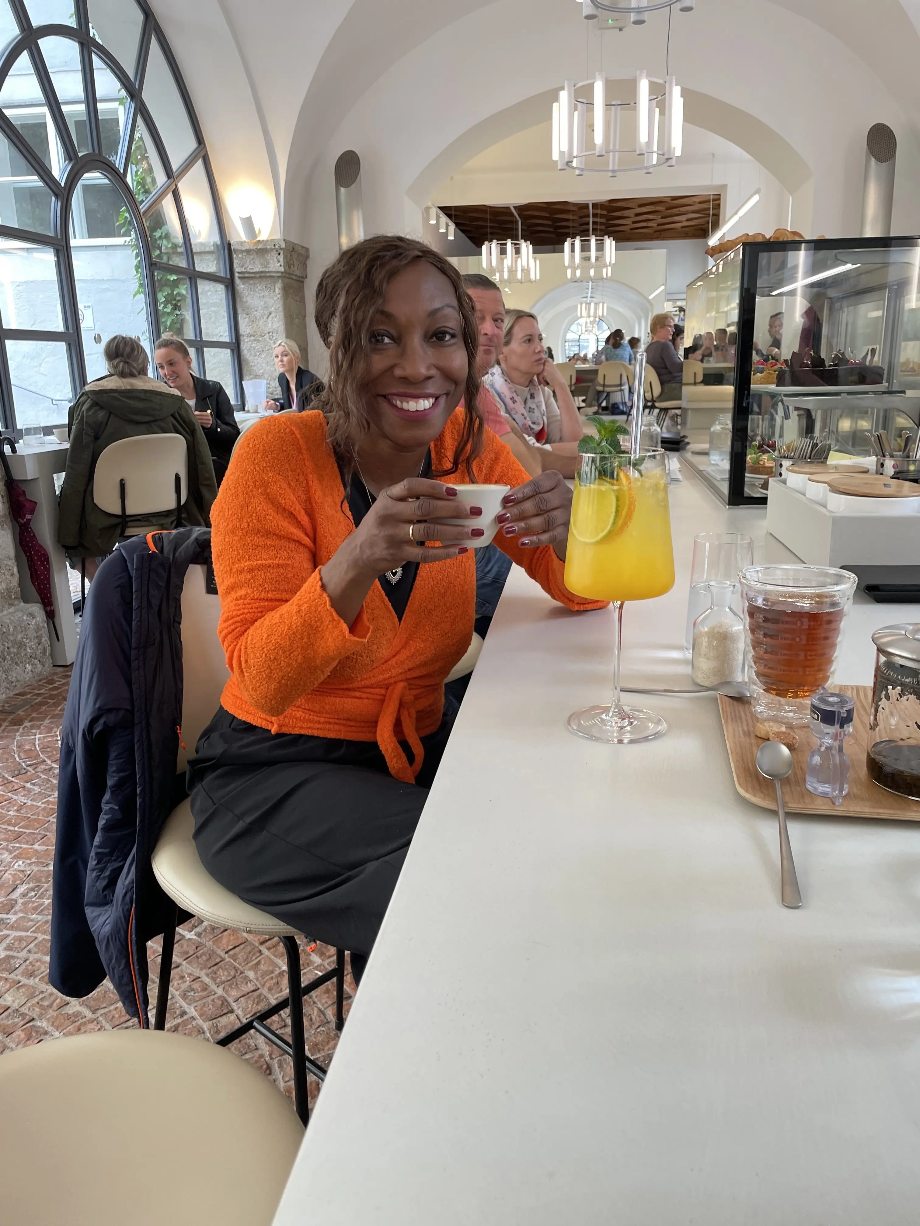 Mel Indulging in European French Press Coffee