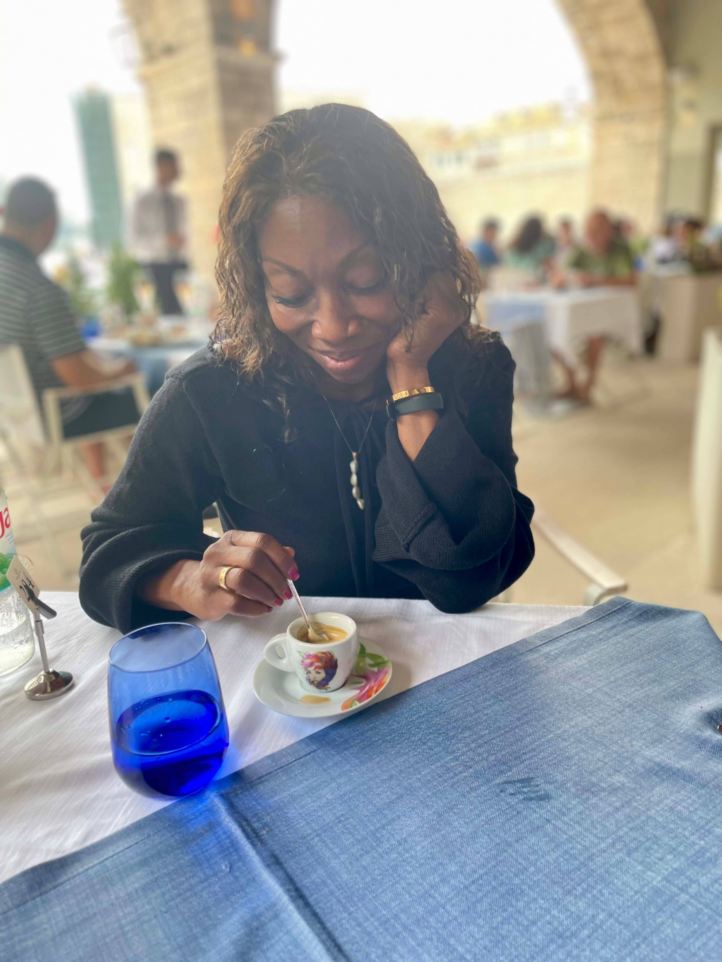 Melicent enjoys ristretto in Italy