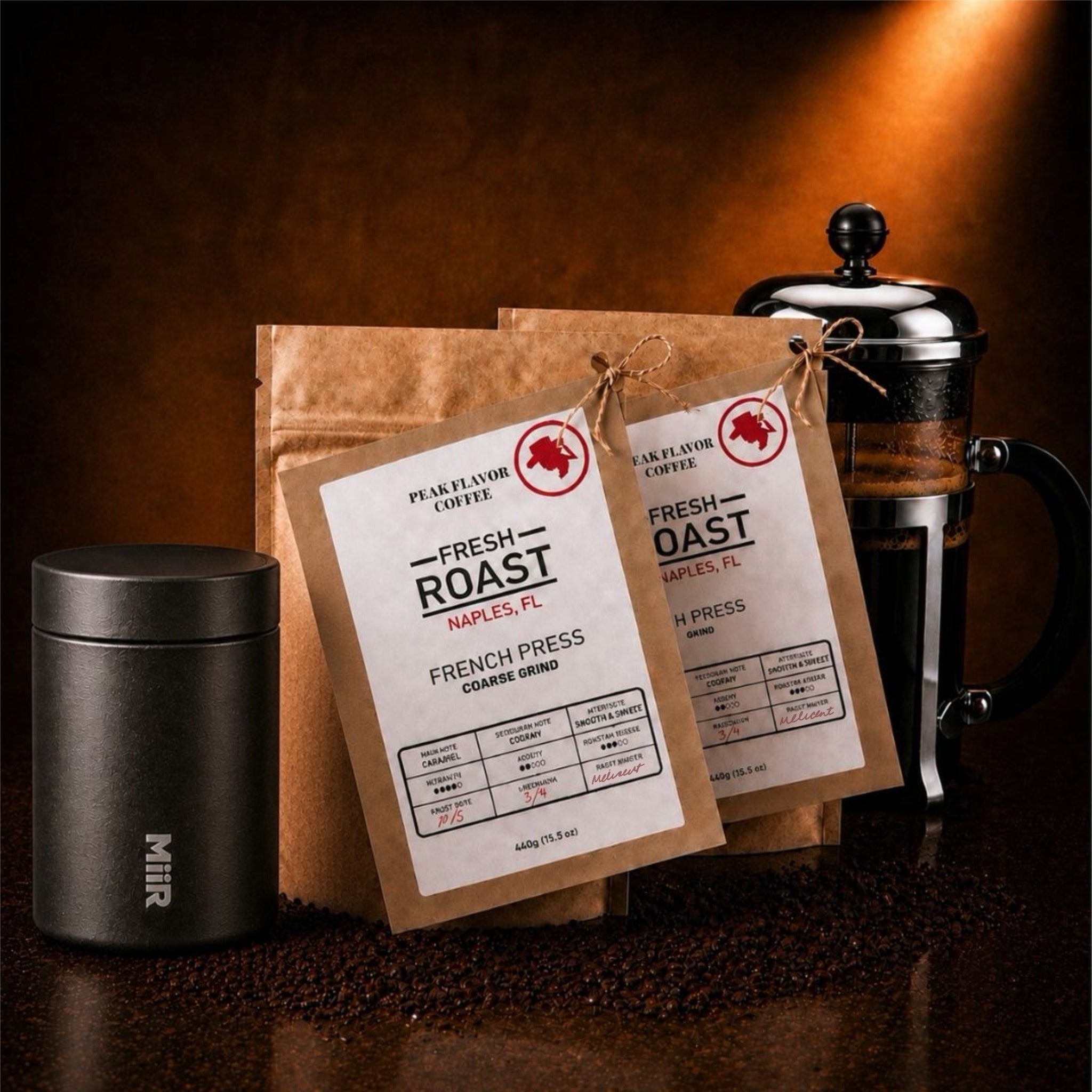 Freshness Bundle: Stainless Steel MiiR Coffee Canister & Peak Flavor French Press Coffee - 88 Brews | Lock in Richness