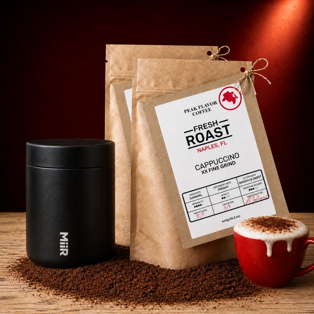 Bundle espresso grounds for cappuccino with a stainless steel coffee canister