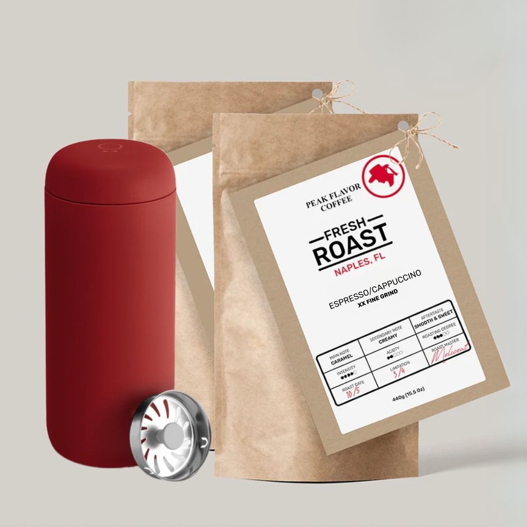 Cappuccino grinds bundle with traveler mug