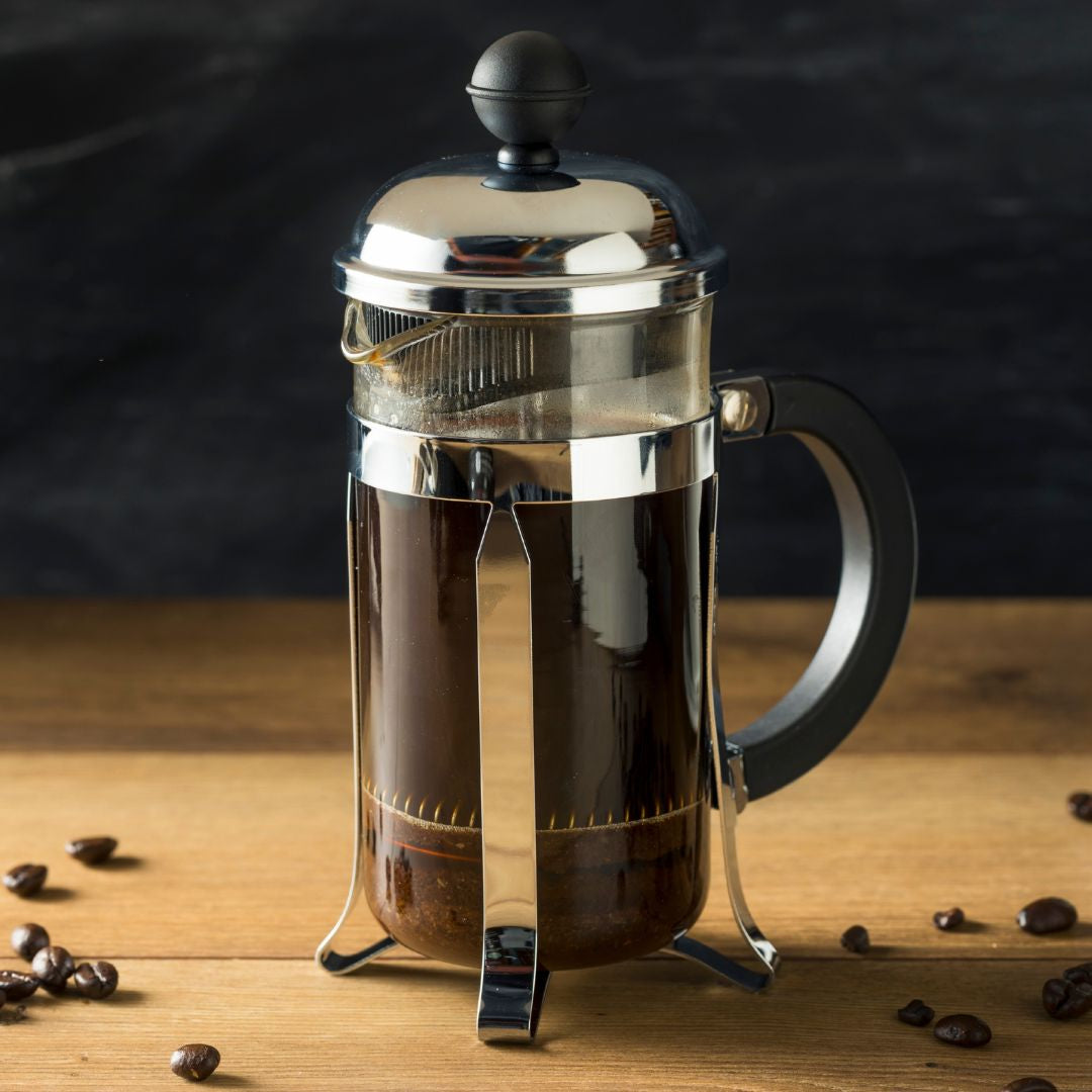 French press filled with peak flavor coffee