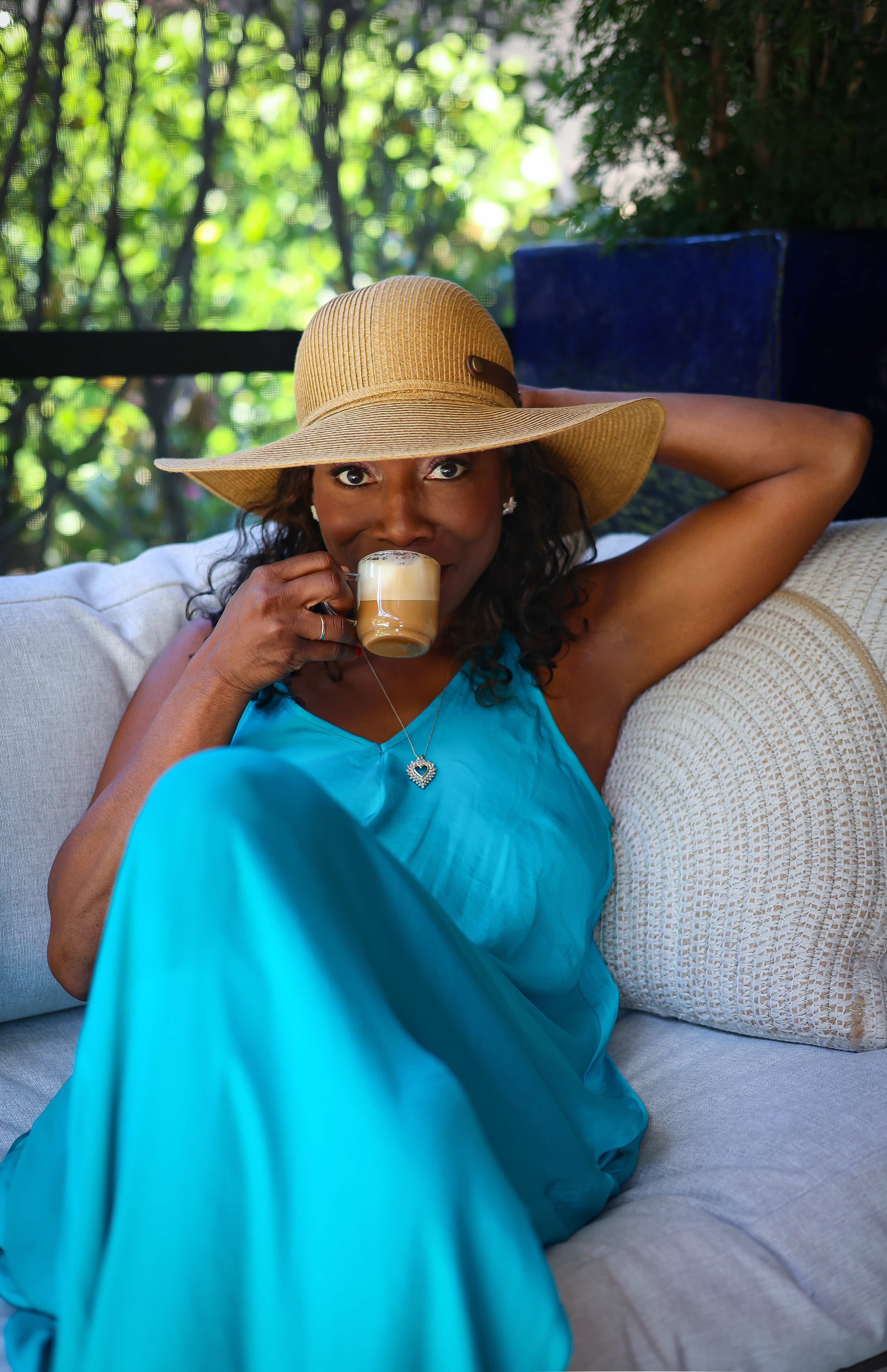 Melicent enjoys peak flavor cafe latte