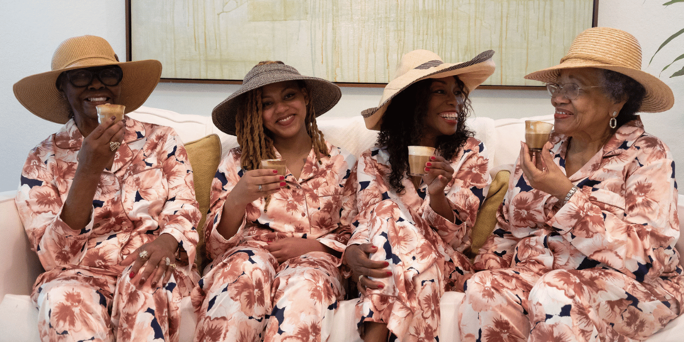 Melicent savors a coffee moment with her mom, aunt and niece