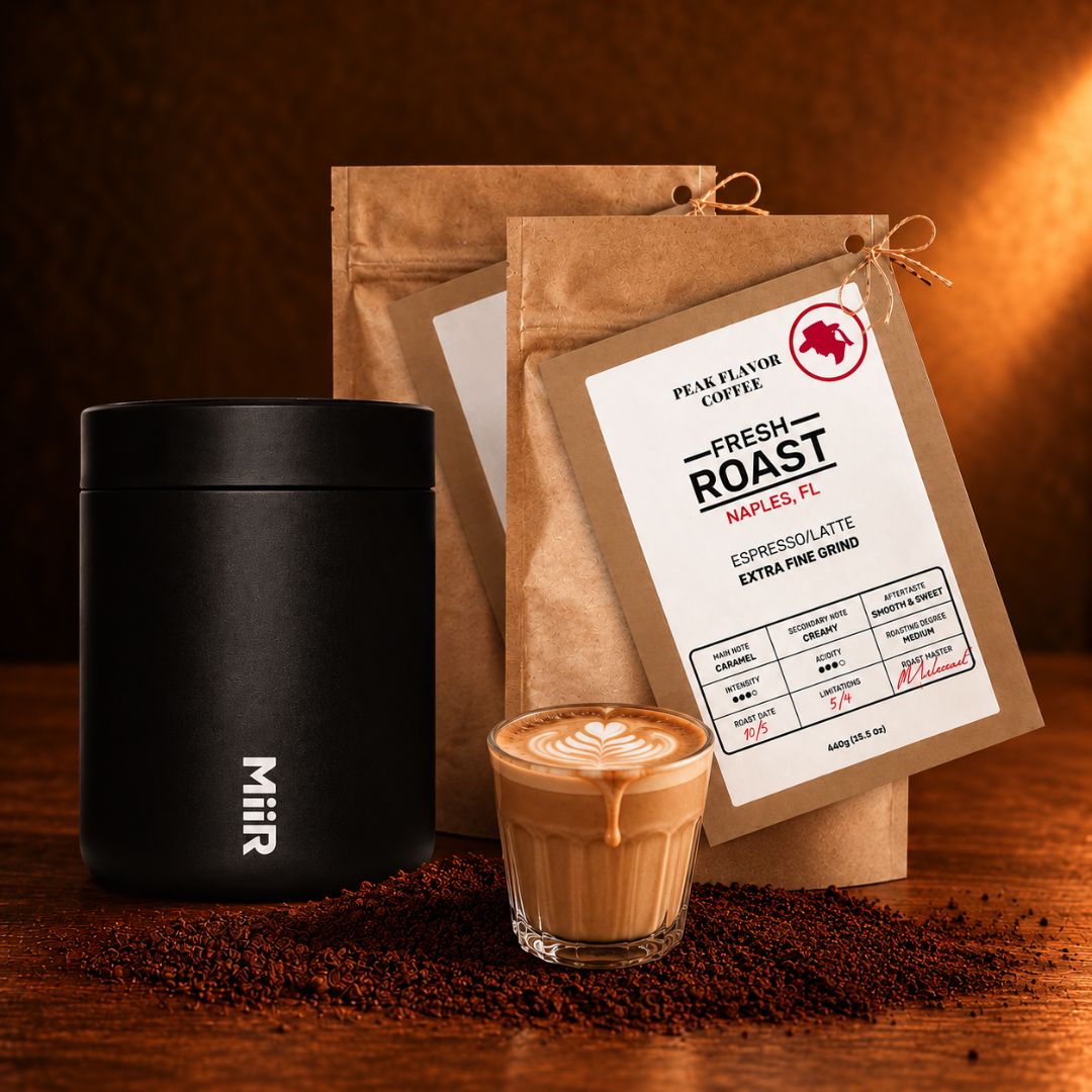Preserve Fresh Roasted Cafe Latte Grinds Bundle Latte Coffee Grounds 2x440g with Airlock Coffee Canister
