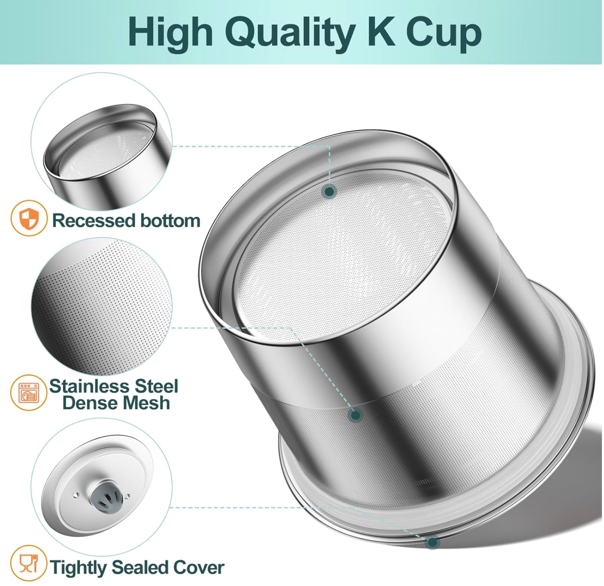 Stainless steel K Cup with features highlighted