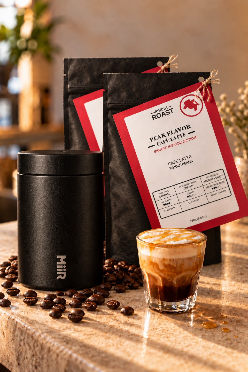Signature Cafe Latte Coffee Beans with Airlock Coffee Canister