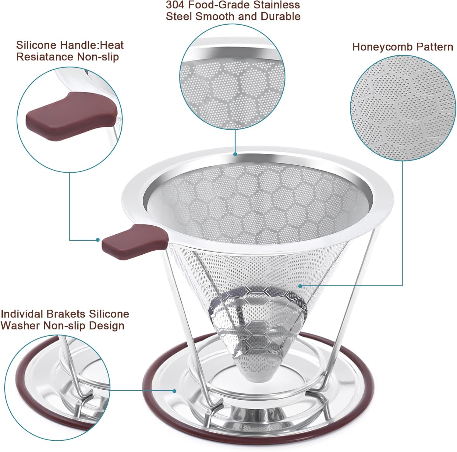 Stainless steel coffee filter with silicone handle and base, featuring honeycomb pattern and non-slip design.
