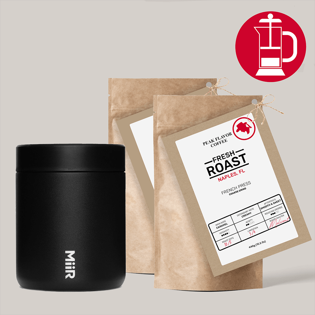 Starter set with coffee canister to maintain French Press coffee freshness by "Peak Flavor Coffee"