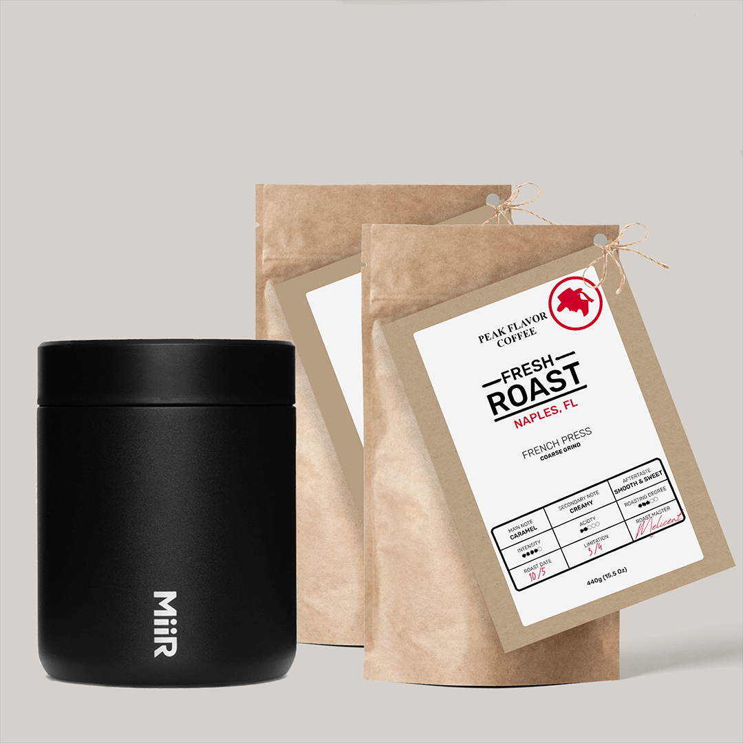 Starter set with coffee canister to maintain French Press coffee freshness by "Peak Flavor Coffee"