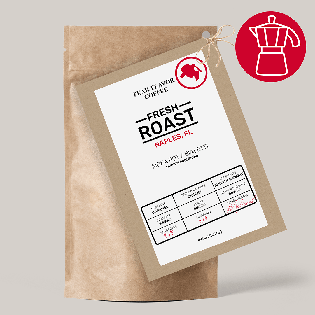 Fresh Roasted Moka pot coffee grinds by Peak Flavor Coffee