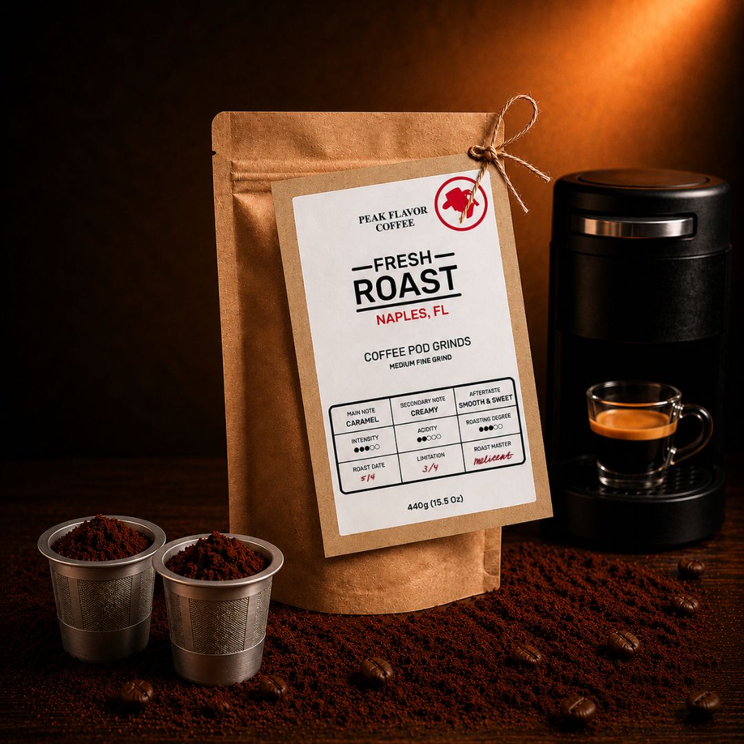 Peak Flavor fresh roasted coffee grounds bag for reusable K-Cups next to Keurig machine