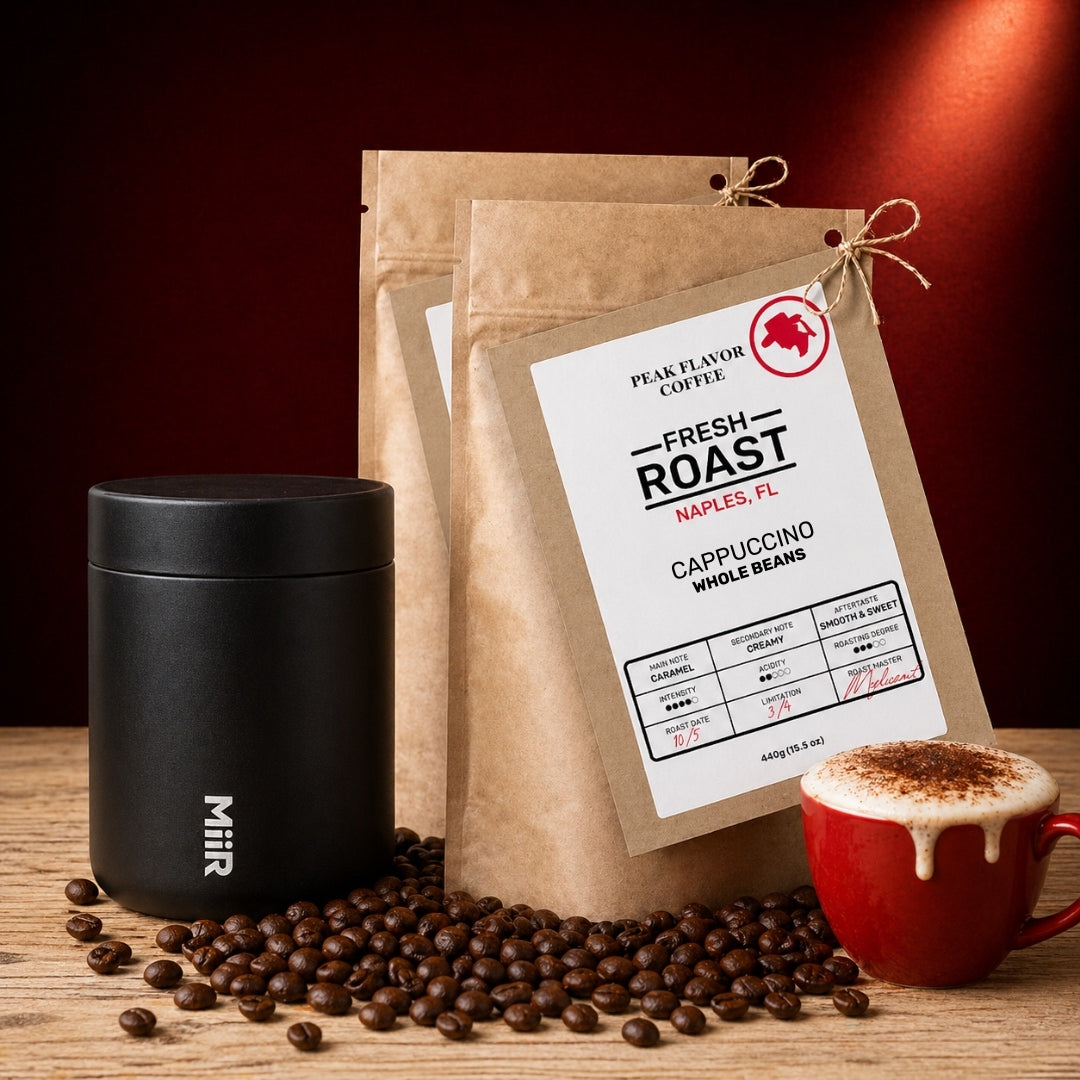 Espresso beans for cappuccino with stainless steel coffee storage canister