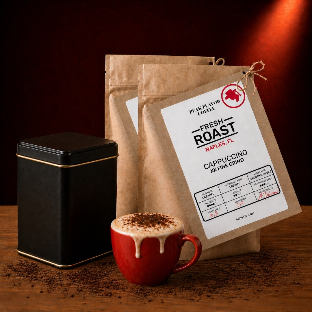 Bundle espresso grounds for cappuccino with a coffee storage tin