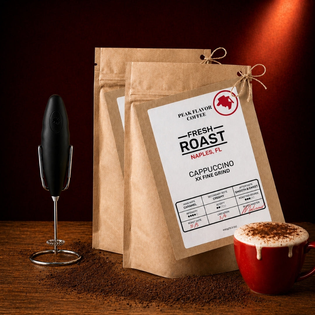 Bundle espresso grounds for cappuccino with a handheld milk frother