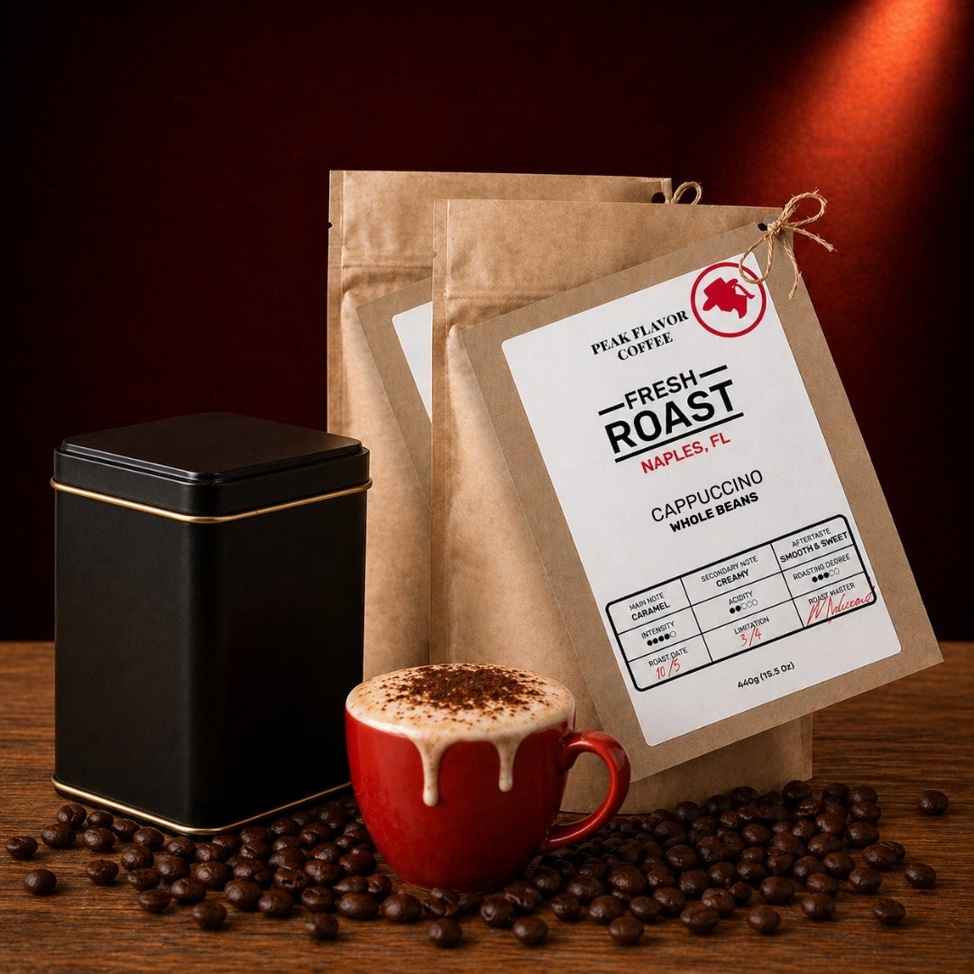 Espresso beans for cappuccino with a coffee storage tin