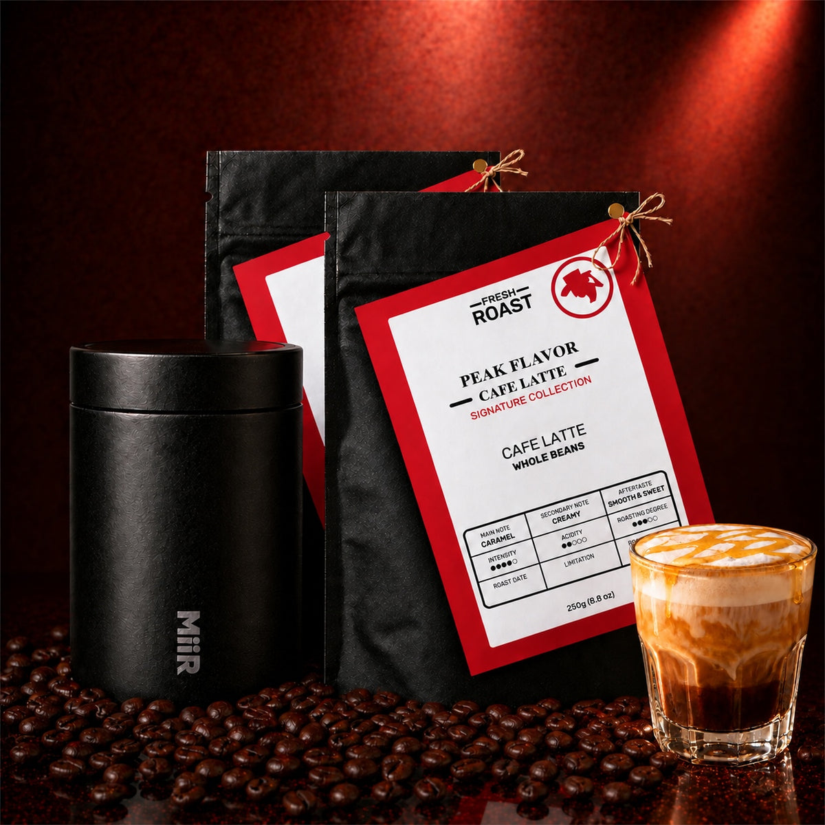 Cafe Latte Espresso Beans & Mirr Coffee Canister