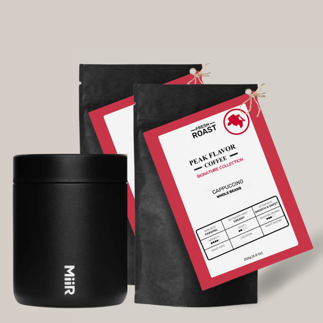 signature cappuccino whole beans bundle with Miir Coffee Canister 