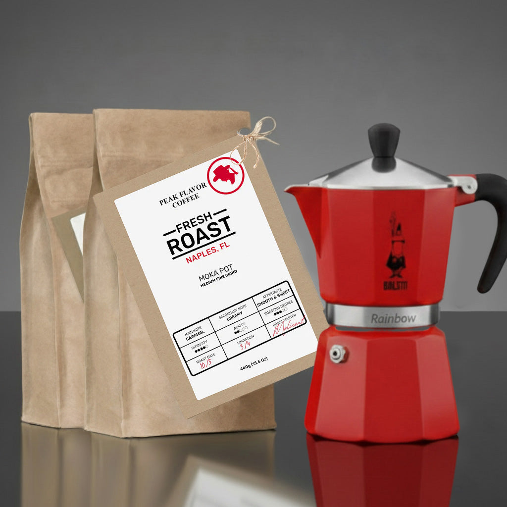 3 cup Stovetop espresso maker with moka pot coffee grounds