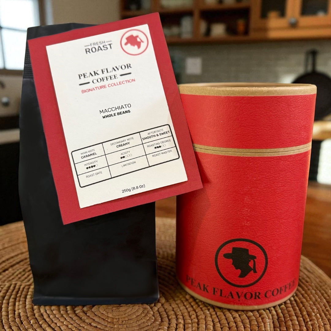Coffee Gift with Macchiato Signature Beans and Red Coffee Storage Container 