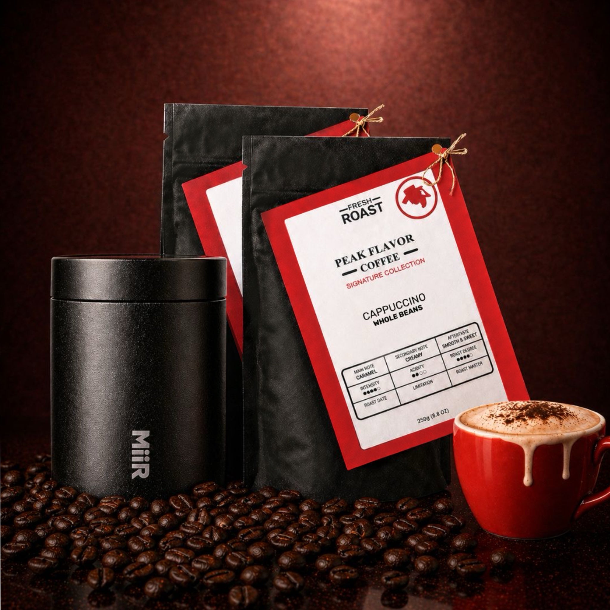 Signature espresso beans for Italian cappuccino with Miir coffee canister