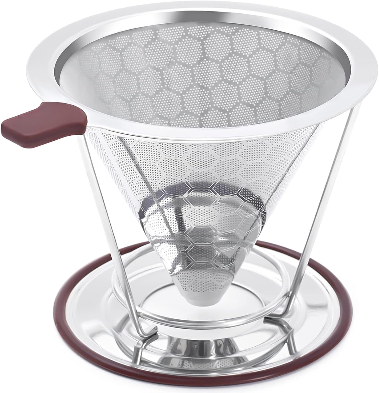 Metal coffee filter with honeycomb design on a white background