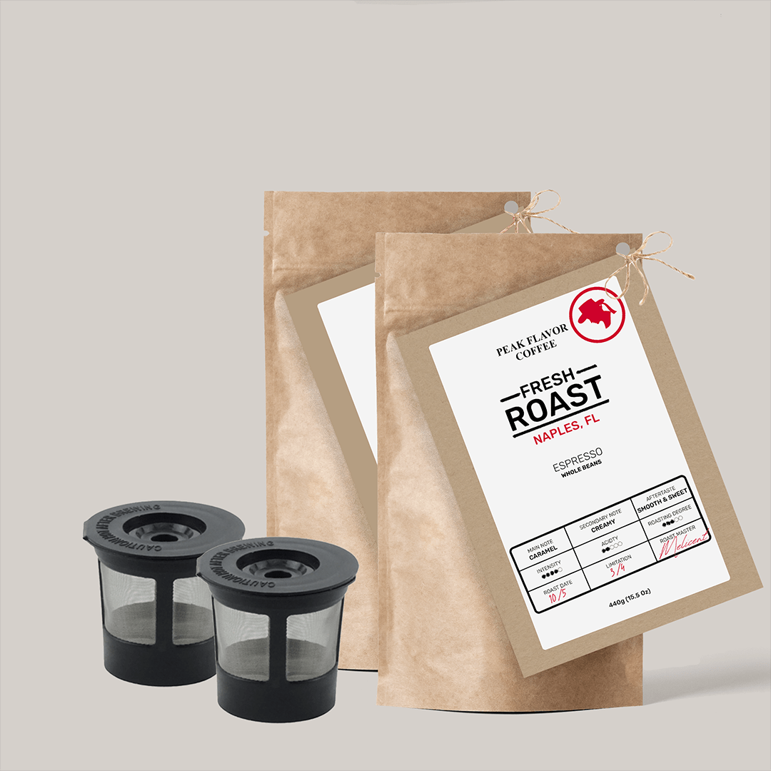 Get Peak Flavor Espresso for Keurig with 2 Free reusable K cups 