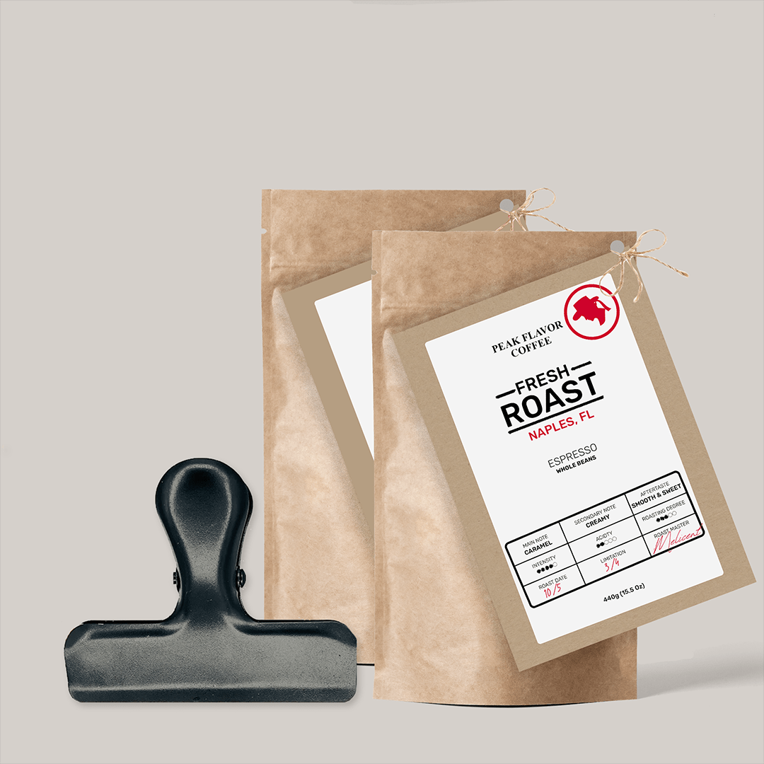 Starter set with Barista Bag Clip to keep fresh roasted espresso fresh, by " Peak Flavor Coffee"
