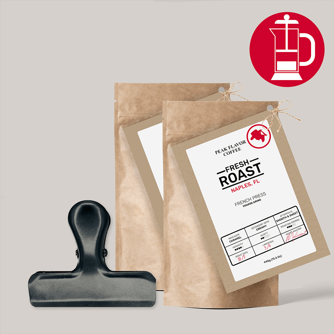 Starter set with Bag Clip to keep fresh roasted French press fresh by "Peak Flavor Coffee" 