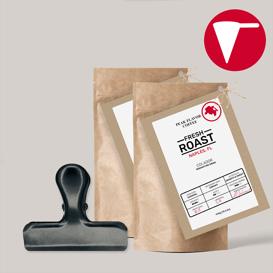 Starter set with Bag Clip to keep fresh roasted Colador coffee fresh by "Peak Flavor Coffee" 