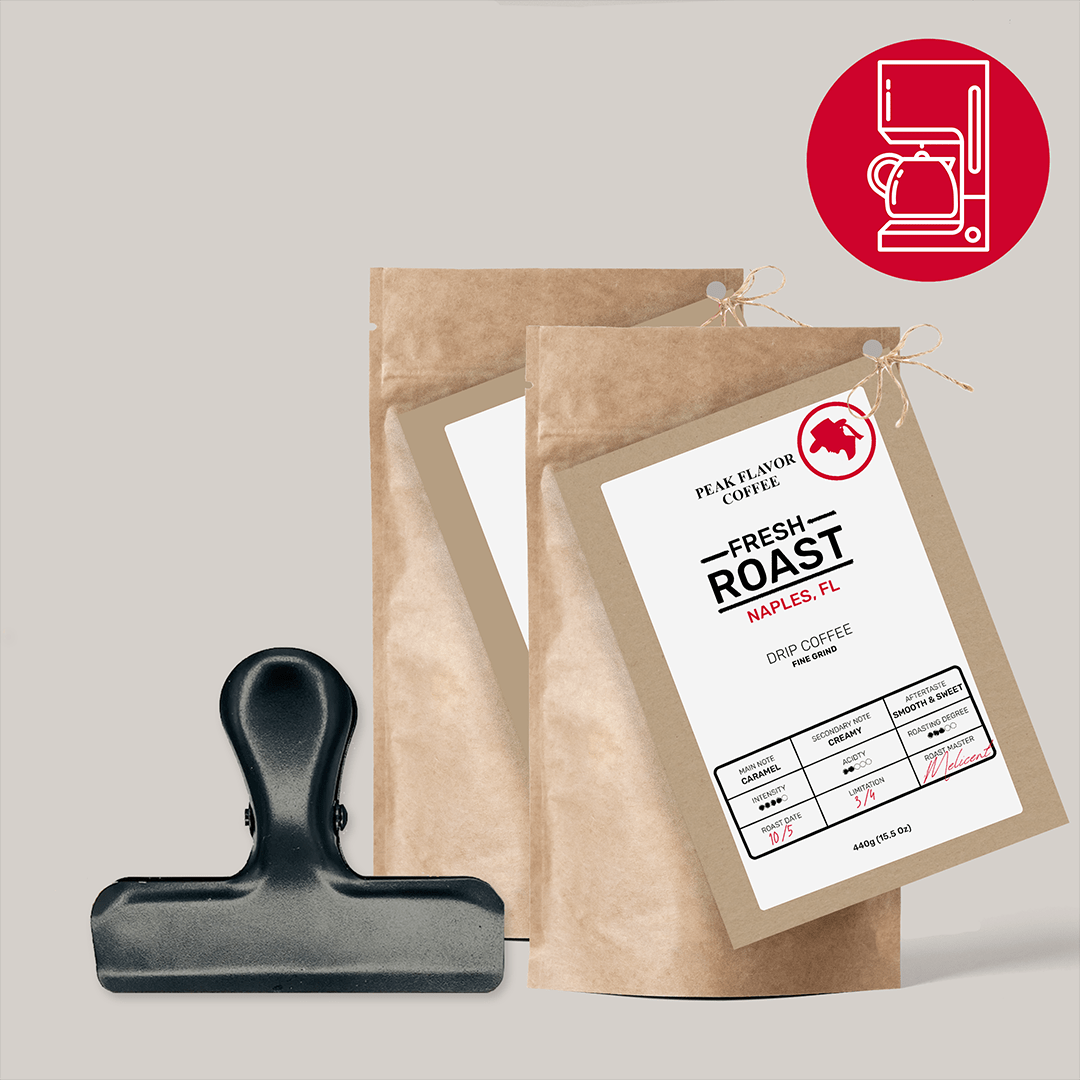 Starter set with Bag Clip to keep fresh roasted drip coffee fresh by "Peak Flavor Coffee"
