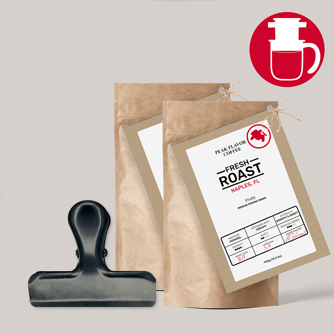 Starter set with Bag Clip to keep fresh roasted phin coffee fresh by "Peak Flavor Coffee" 