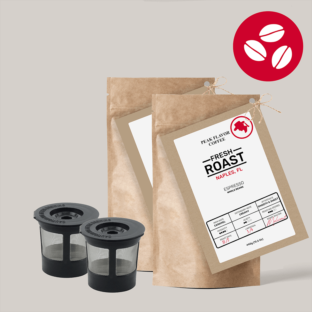 Enhance mornings with a reusable K cups and whole bean coffee bundle by "Peak Flavor Coffee" 