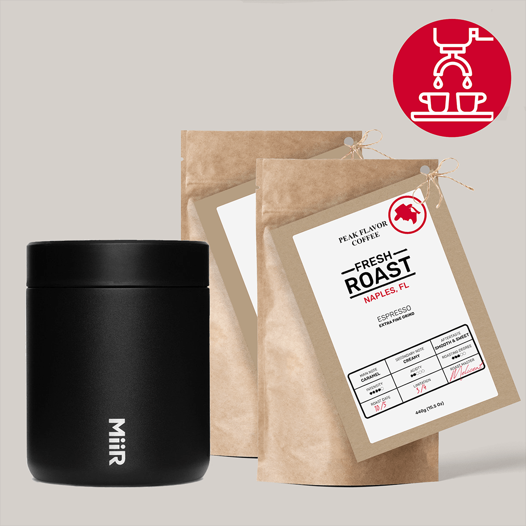 Starter set with coffee canister to keep an espresso coffee grind fresh by "Peak Flavor Coffee" 