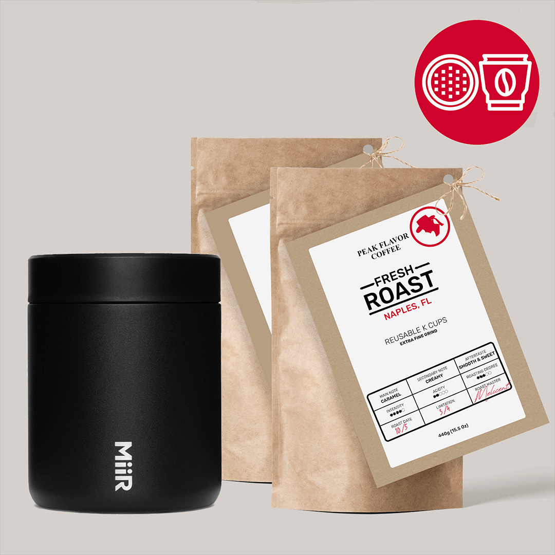 Starter set with coffee canister to keep reusable K cup coffee fresh by "Peak Flavor Coffee"