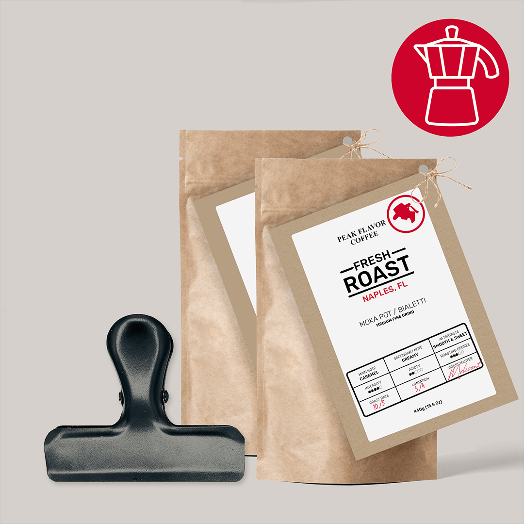 Starter set with Bag Clip to keep fresh roasted moka pot fresh by "Peak Flavor Coffee"