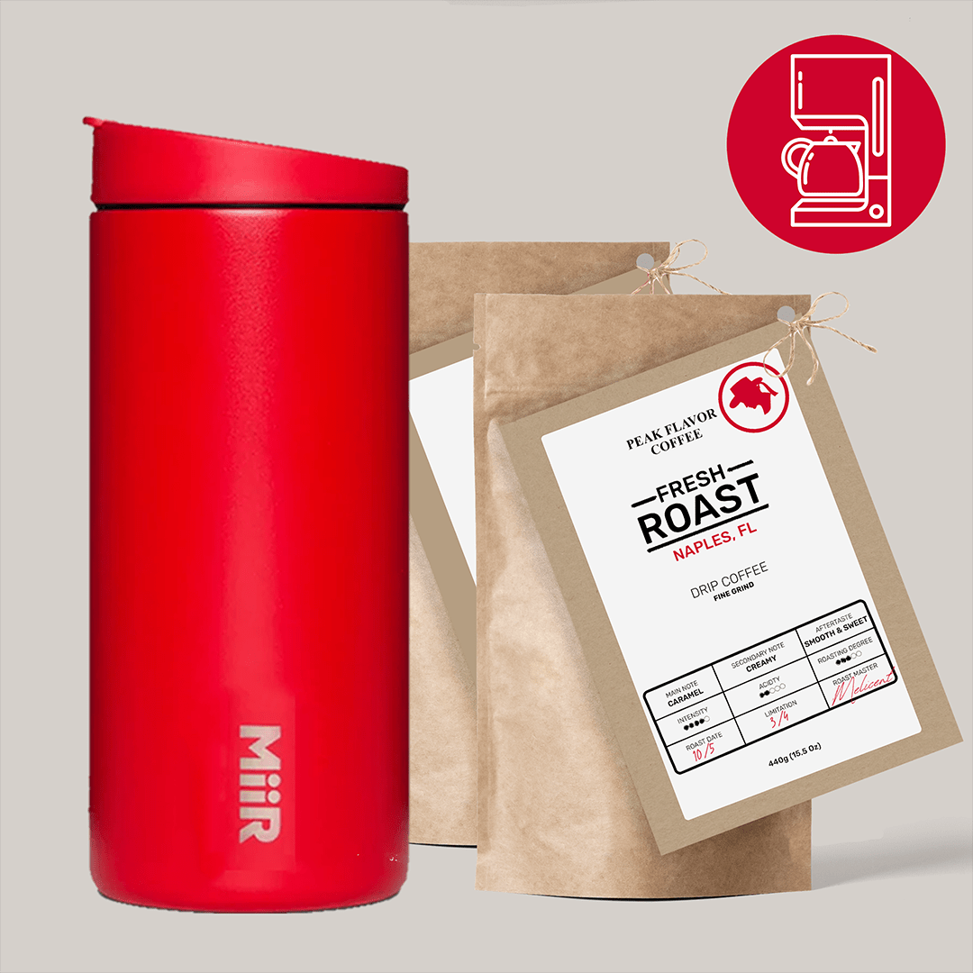 Starter set with coffee traveler to keep fresh roasted French press warm by "Peak Flavor Coffee"
