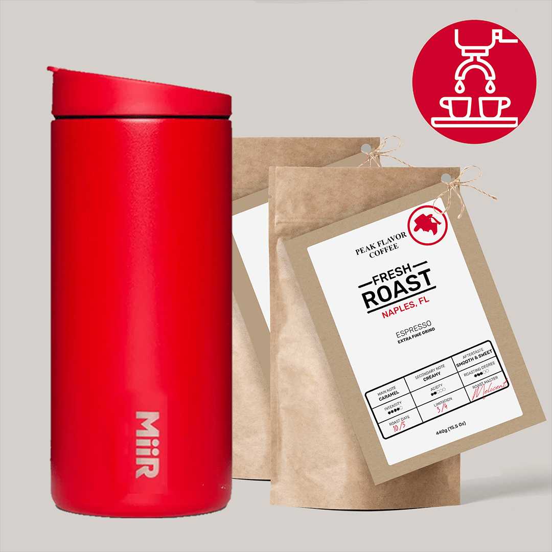 Starter set with coffee traveler to keep a naturally sweet espresso warm by "Peak Flavor Coffee" 