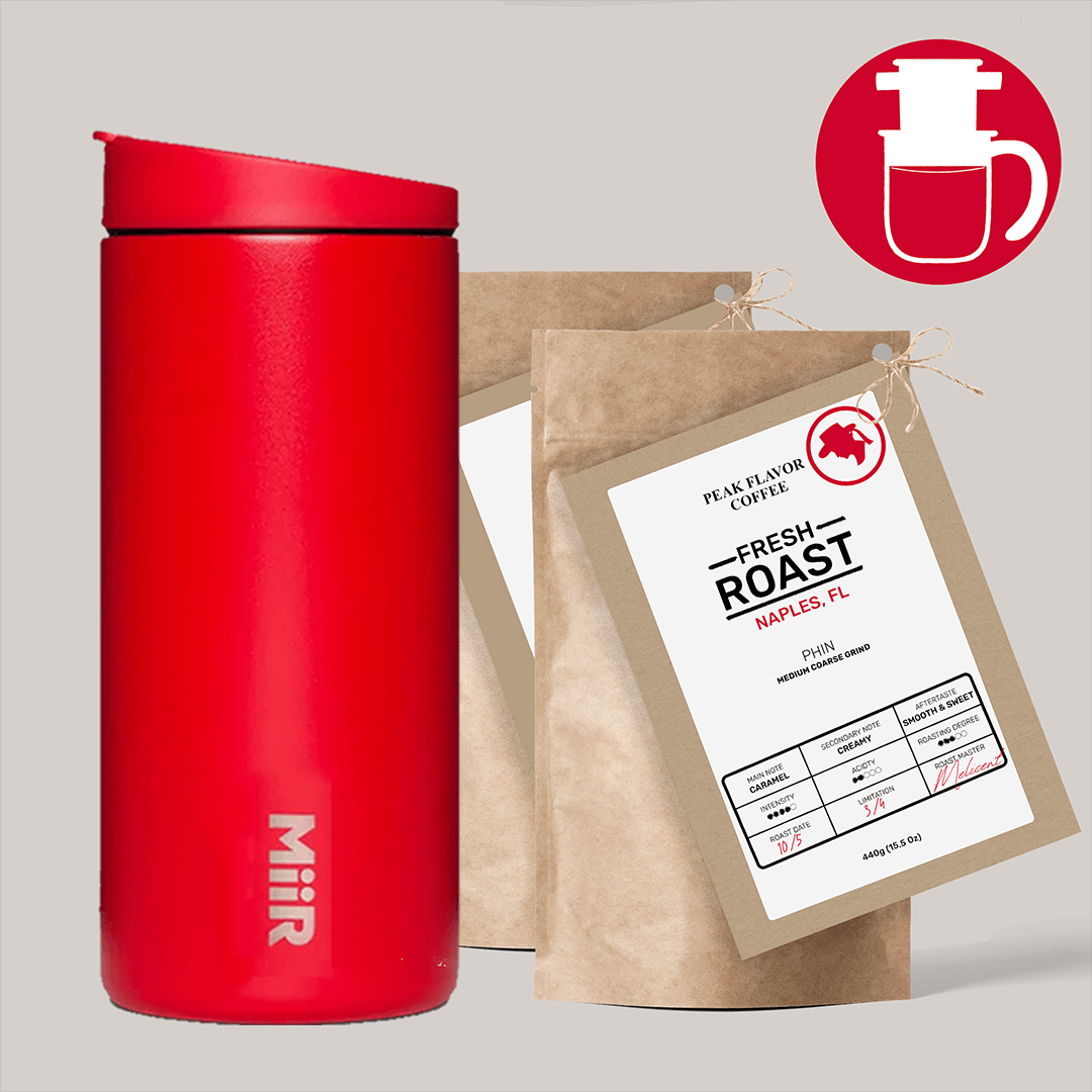 Starter set with coffee traveler to keep fresh roasted phin coffee warm by "Peak Flavor Coffee"